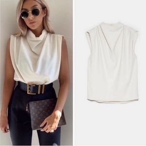 Zara high collar off white pleated top